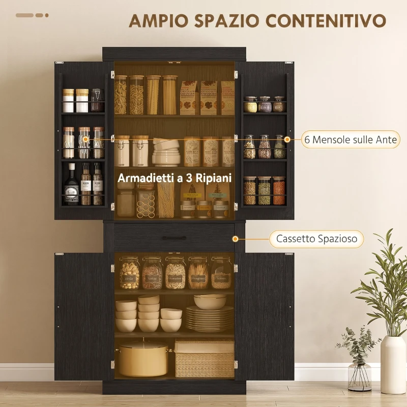 HOMCOM Dispensa Cucina in stile Country con 2 Armadietti, 6 Ripiani e Cassetto, in Legno, 76x39.5x183.5 cm, Nero