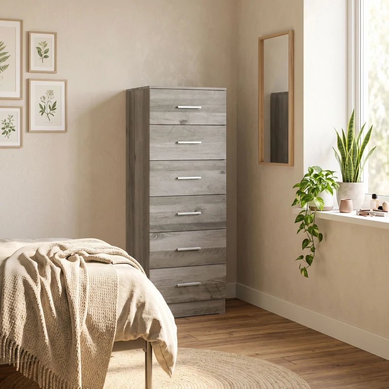HOMCOM Cassettiera Moderna a 6 Cassetti per Camera, 40x40x110 cm, Grigio