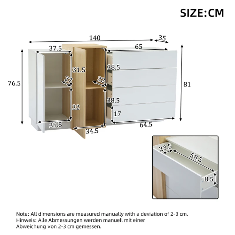 High-Gloss Sideboard with 4 Drawers and 2 Doors, Stylish Storage Cabinet with Anti-Tilt Safety Rails, 140L x 35W x 76.5H cm, White