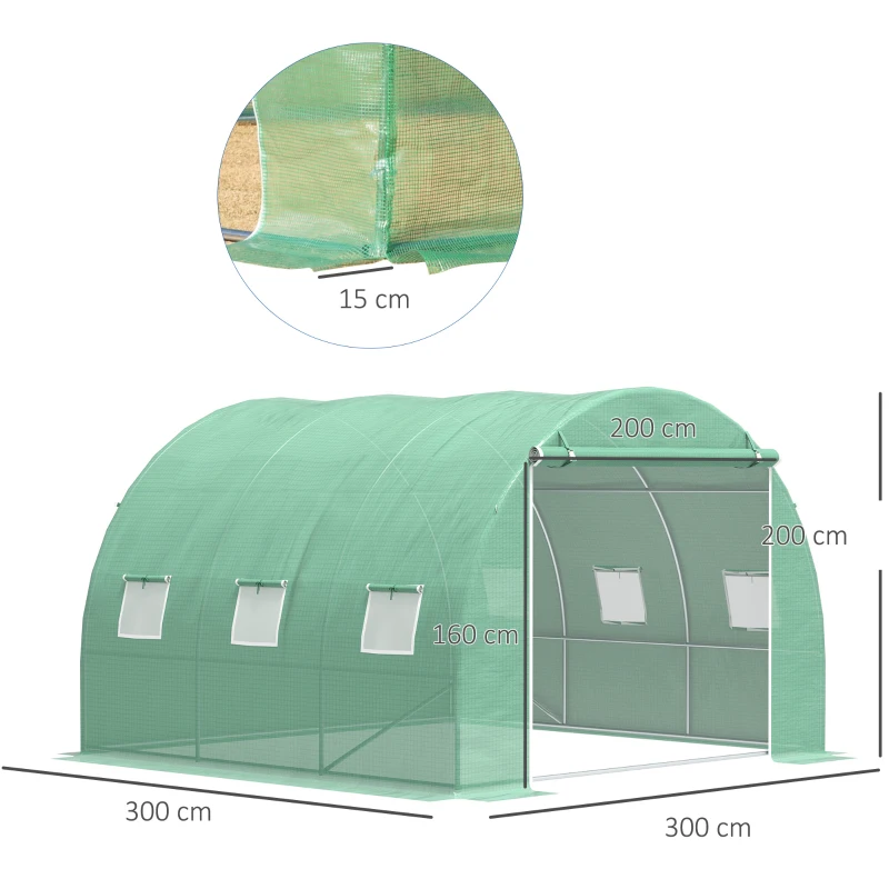 Outsunny Serre de jardin 9 m² serre tunnel de jardin 3 x 3 x 2 m avec porte enroulable et 6 fenêtres en maille en acier PE vert
