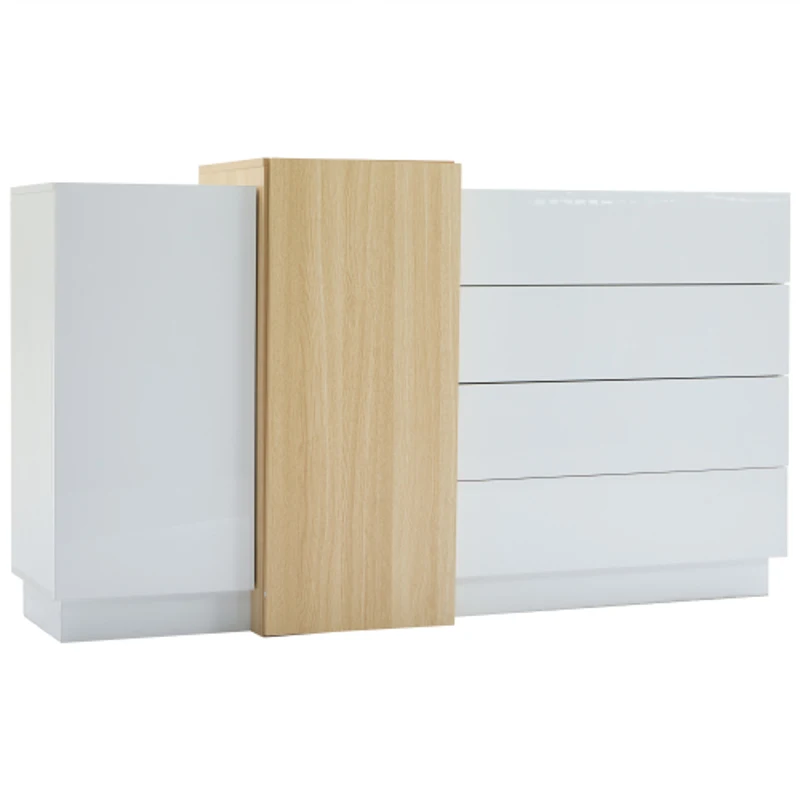 High-Gloss Sideboard with 4 Drawers and 2 Doors, Stylish Storage Cabinet with Anti-Tilt Safety Rails, 140L x 35W x 76.5H cm, White