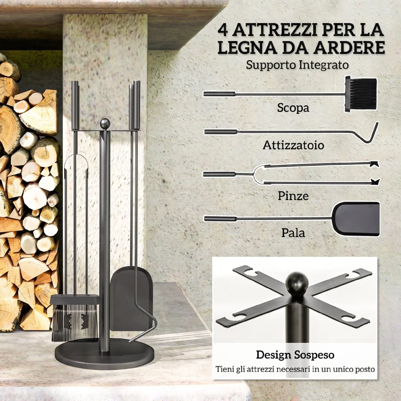 Outsunny Set Attrezzi Camino 5 Pezzi con Pala, Spazzola, Pinze, Attizzatoio e Supporto in Metallo, Salvaspazio, Nero