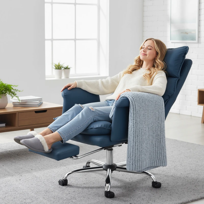 HOMCOM Silla de Escritorio con Reposapiés Respaldo Reclinable Alto Acolchado Grueso Tapizada en Cuero Sintético Ruedas Azul