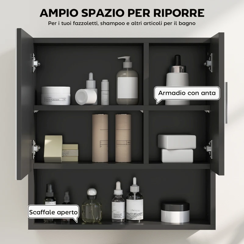 kleankin Armadietto Specchiera Bagno in Legno con Mensole Regolabili e Ripiano Aperto, 54x15.2x55.3 cm, Nero