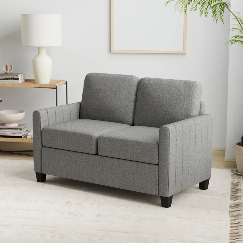 HOMCOM 2 Seater Sofa, Channel Tufted Modern Fabric Couch, Comfy Upholstered Small Sofa Loveseat with Spring Cushion, Back Pillow, for Living Room, Bedroom, Office, Light Grey