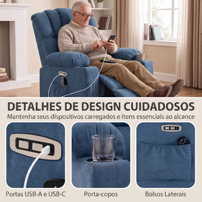 HOMCOM Cadeirão Relax Reclinável Elétrico Elevatório com Massagem, Aquecimento, Assento Largo, USB-C/USB-A e Bolsos Azul