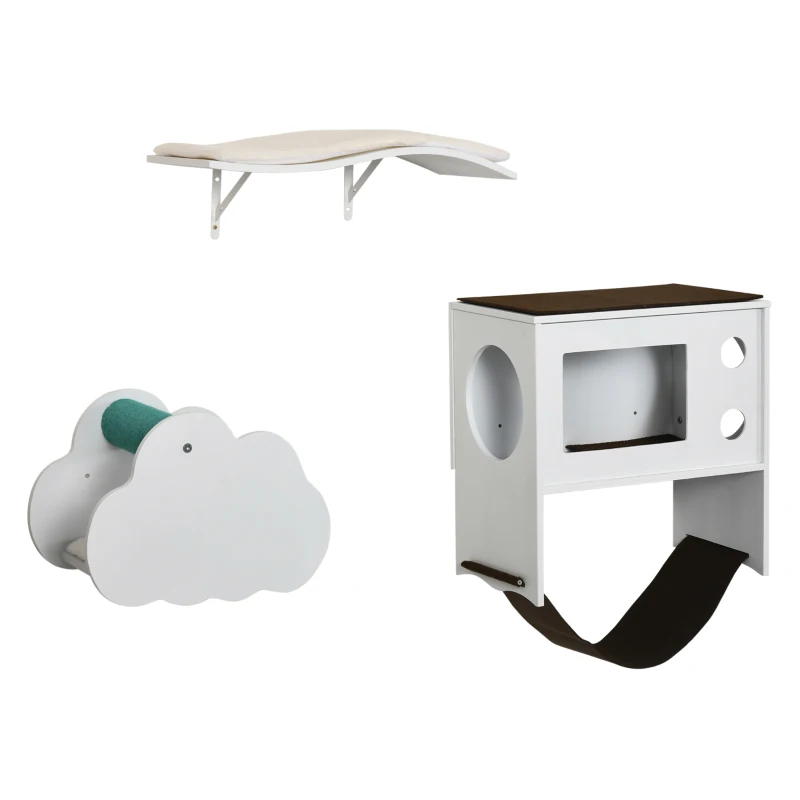 PawHut Juego de Escalada para Gatos de Pared de 3 Piezas con Caseta Plataformas Hamaca y Poste de Sisal Blanco