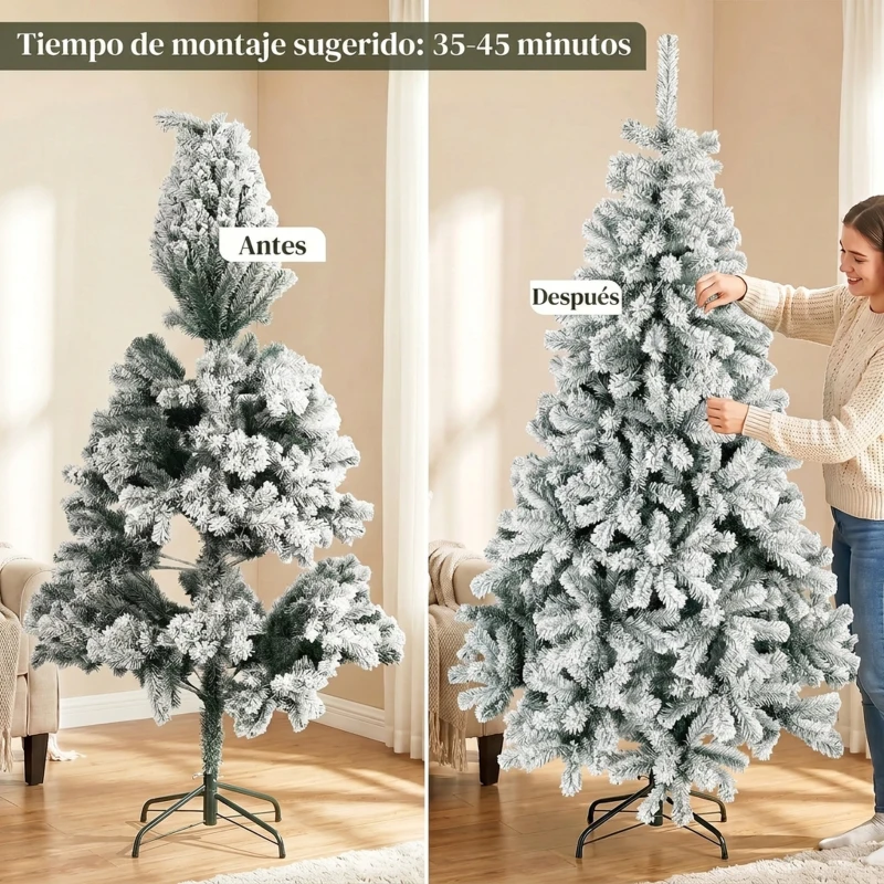 HOMCOM Árbol de Navidad Nevado de 180 cm con 650 Puntas de PVC Ignífugo Ramas Articuladas Montaje Rápido Verde y Blanco