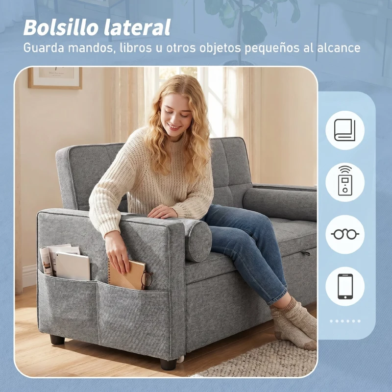 HOMCOM Sofá Cama 2 Plazas 3 en 1 Deslizantede Tejido Lino con Respaldo Ajustable Bolsillos 2 Cojines para Sala de Estar Gris