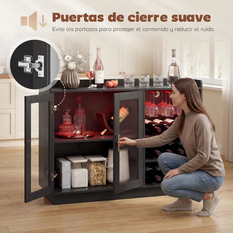 HOMCOM Mueble de Bar con Luces LED RGB y Botellero para 12 Botellas Armario Buffet para Vinos para Comedor Salón Negro