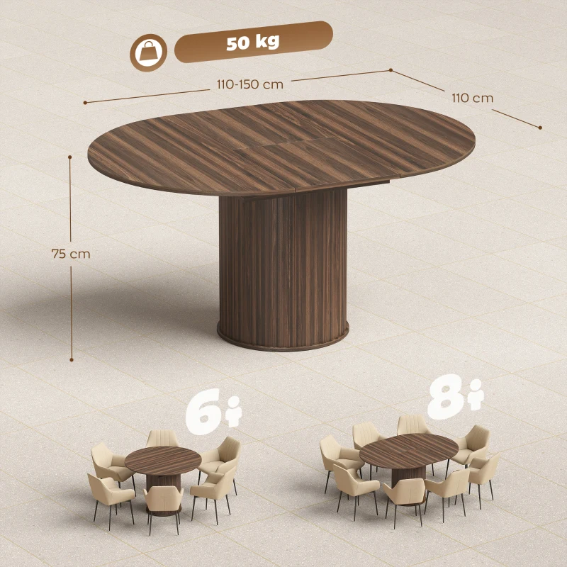 HOMCOM Tavolo da Pranzo Allungabile per 6-8 Persone, 110-150 cm, Tavolo da Cucina Ovale con Piedistallo Centrale Rotondo, Noce