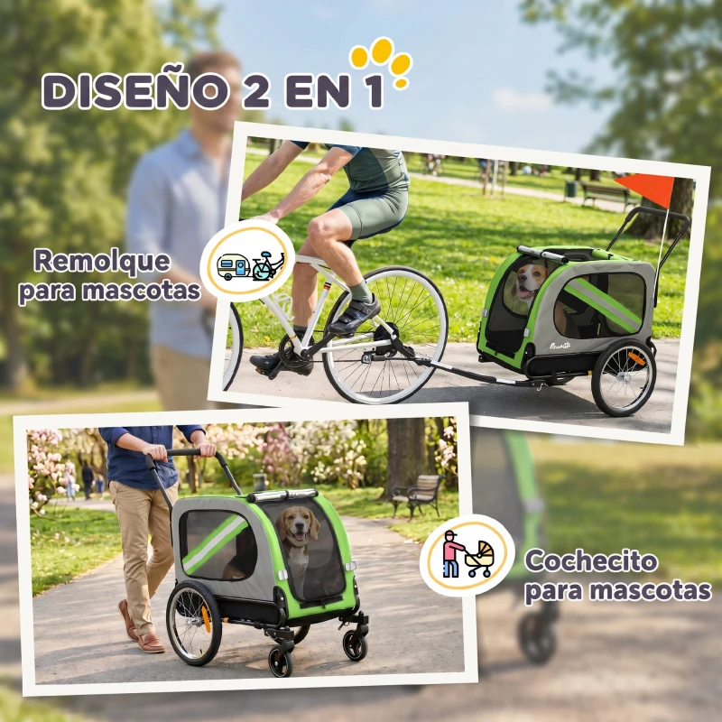 PawHut Remolque de Bicicleta para Perros 2 en 1 Carrito para Mascotas Plegable con Cinturón de Seguridad Reflectores Verde