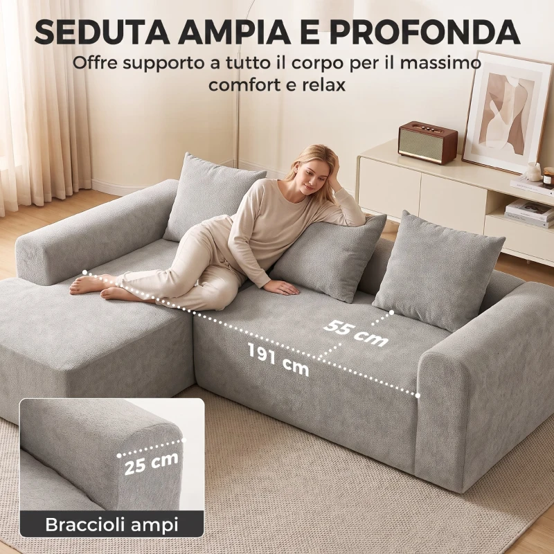 HOMCOM Divano Angolare 3 Posti Senza Struttura con Seduta Ampia e Profonda in Ciniglia, Grigio Chiaro