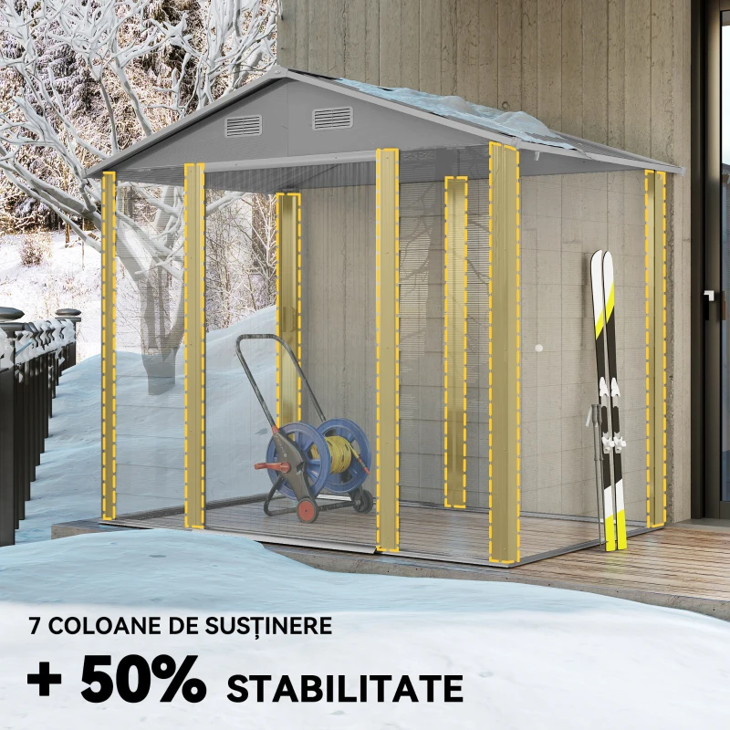 Outsunny Căsuță pentru Unelte cu Uși Glisante și 4 Grile de Ventilație, din Oțel și PP 196x236x208 cm, Gri Deschis