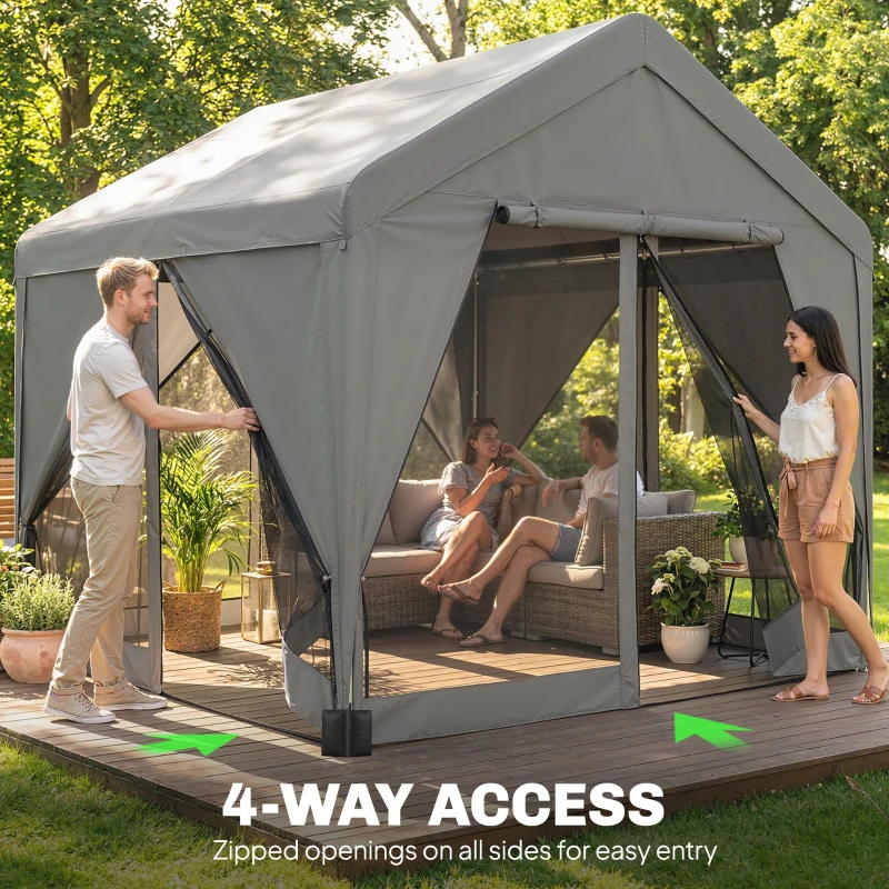 Outsunny 3 x 3 m Patio Gazebo with Netting & Curtains, Outdoor Canopy Shelter with Galvanised Steel Frame, Dark Grey