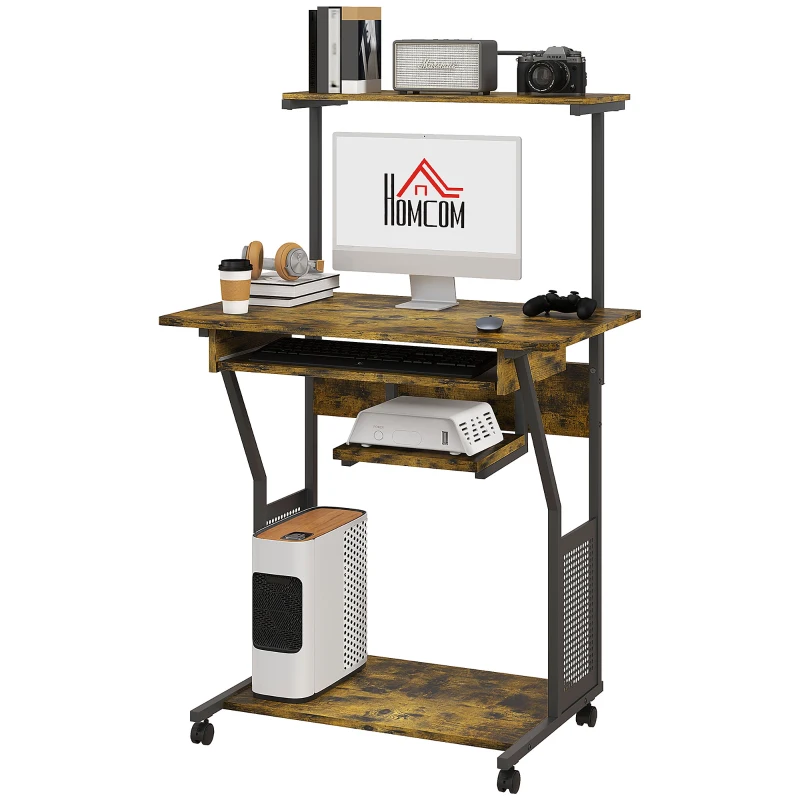 HOMCOM Scrivania per computer su ruote con ripiani e piano tastiera, 80x50x130 cm, marrone