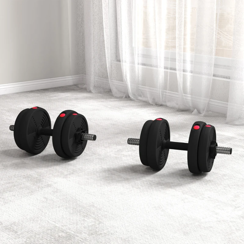 SPORTNOW Set 2 in 1 con 2 Manubri Convertibili in Bilanciere, Peso Totale 15 kg e Dischi Pesi Regolabili, Rosso