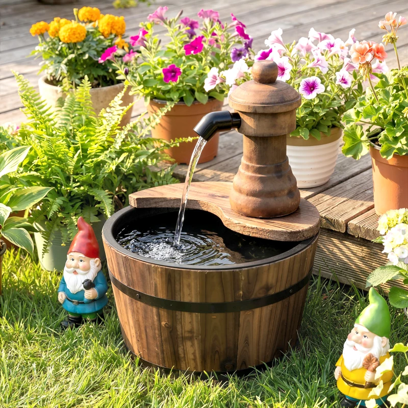 Outsunny Fontaine de Jardin tonneau Pompe à Eau Submersible Incluse Ø 27 x 37H cm Bois de pin Marron