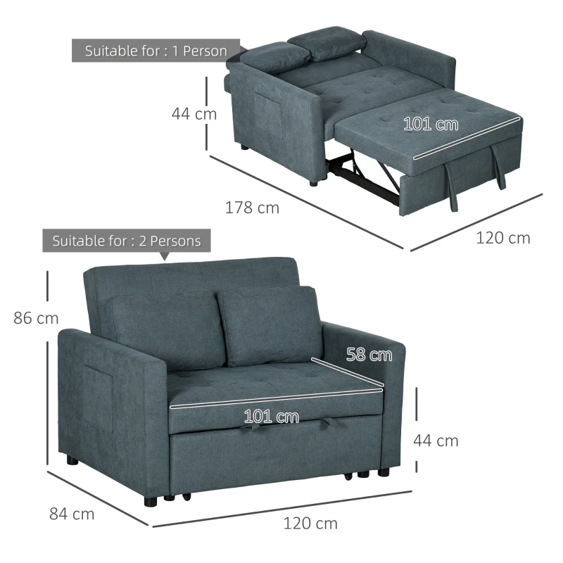 HOMCOM Loveseat Sofa Bed, Convertible Bed Settee with 2 Pillows, Side Pockets, Charcoal Grey