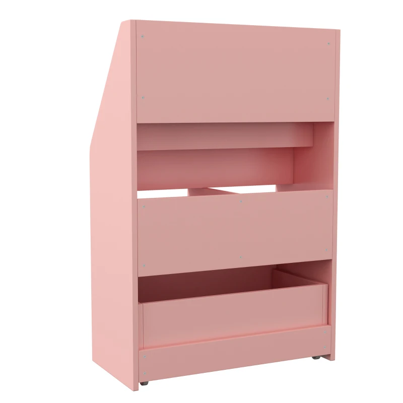 HOMCOM Kids Bookshelf, Toy Organiser, with Storage Drawer, Wheels - Pink