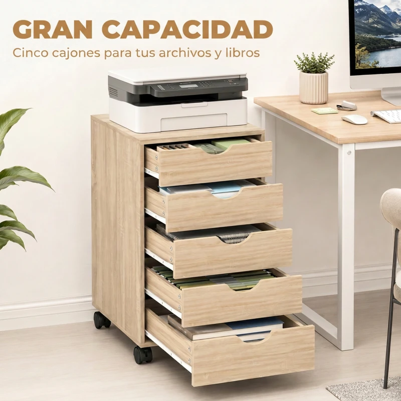 HOMCOM Cajonera Oficina con Ruedas y 5 Cajones Archivador Móvil, para Estudio Salón 40x40x67 cm Roble