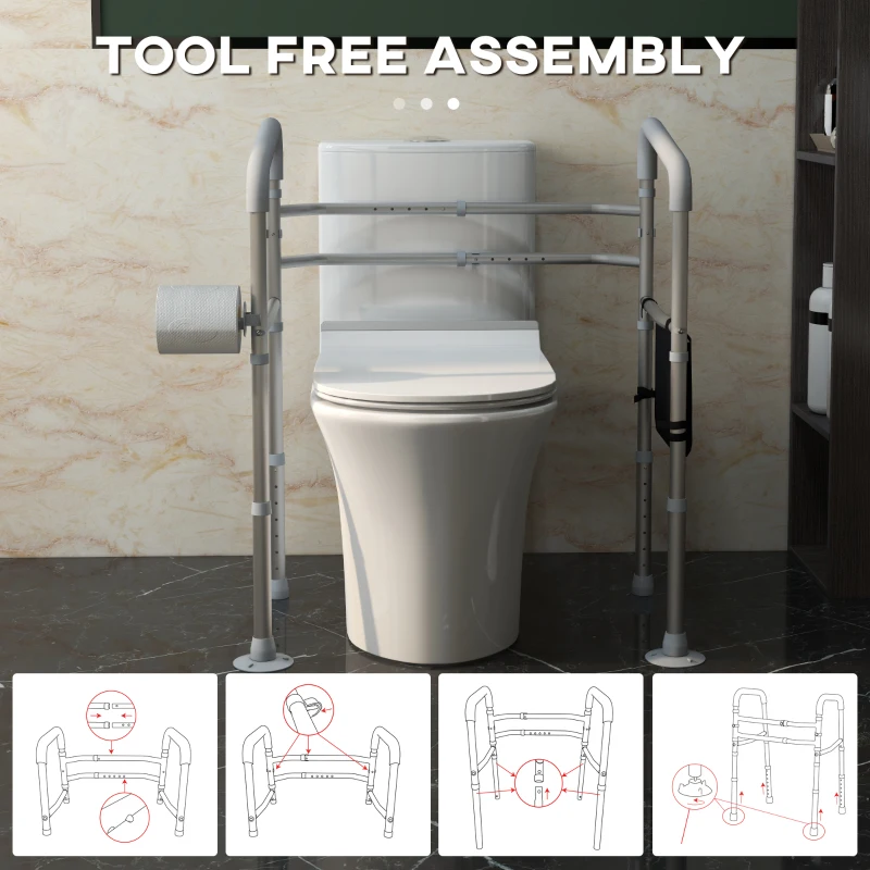 HOMCOM Free Standing Toilet Frame, Height and Width Adjustable Toilet Safety Frame with Arms, 2 Additional Suction Cups, Storage for Elderly, Disabled, Handrail Grab Bar, 136kg Weight Capacity