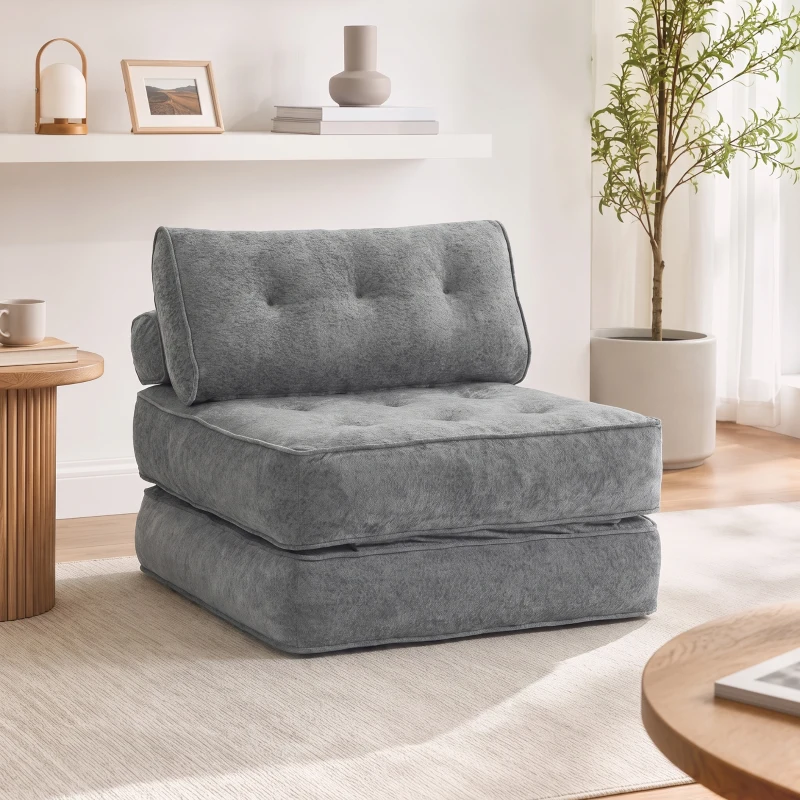 HOMCOM Poltrona Conversível 1 Lugar 95 x 220 cm com 2 Almofadas, Assento Espesso, Poltrona-Cama 3 em 1, Cinza claro