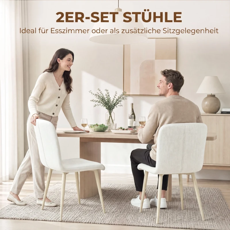 HOMCOM Eetkamerstoelen set van 2, gevoerde keukenstoelen in linnenlook met lichte poten, crème