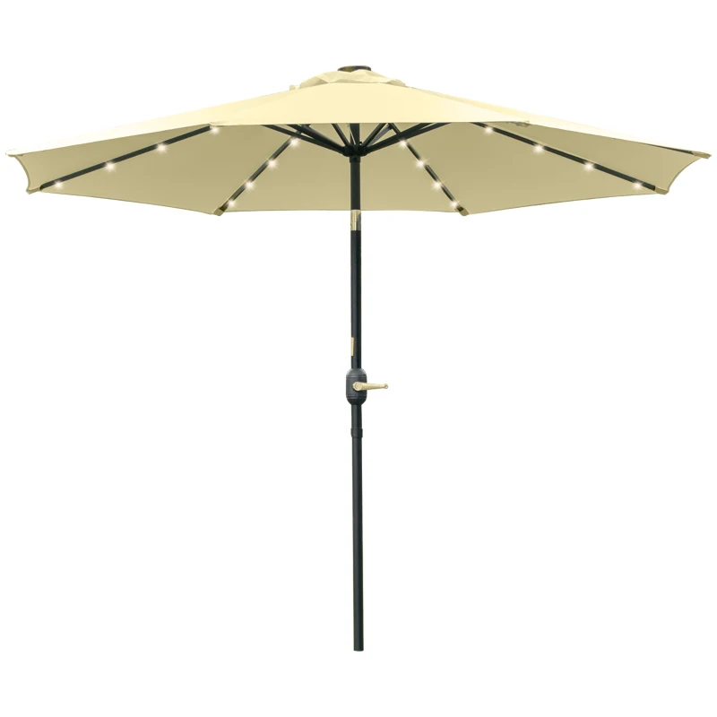 Outsunny Umbrelă de Grădină Inclinabilă Ø265 cm cu 32 Luminile LED Solare și Manivelă, Umbrelă de Exterior cu 8 Spițe, din Oțel, Poliester, pentru Patio, Curte, Balcon, Terasă, Bej