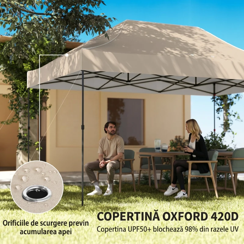 Outsunny Gazebo Pop Up pliabil cu pereți laterali și ferestre, 2.9x4.3 m, din metal și țesătură Oxford, maro nisipiu