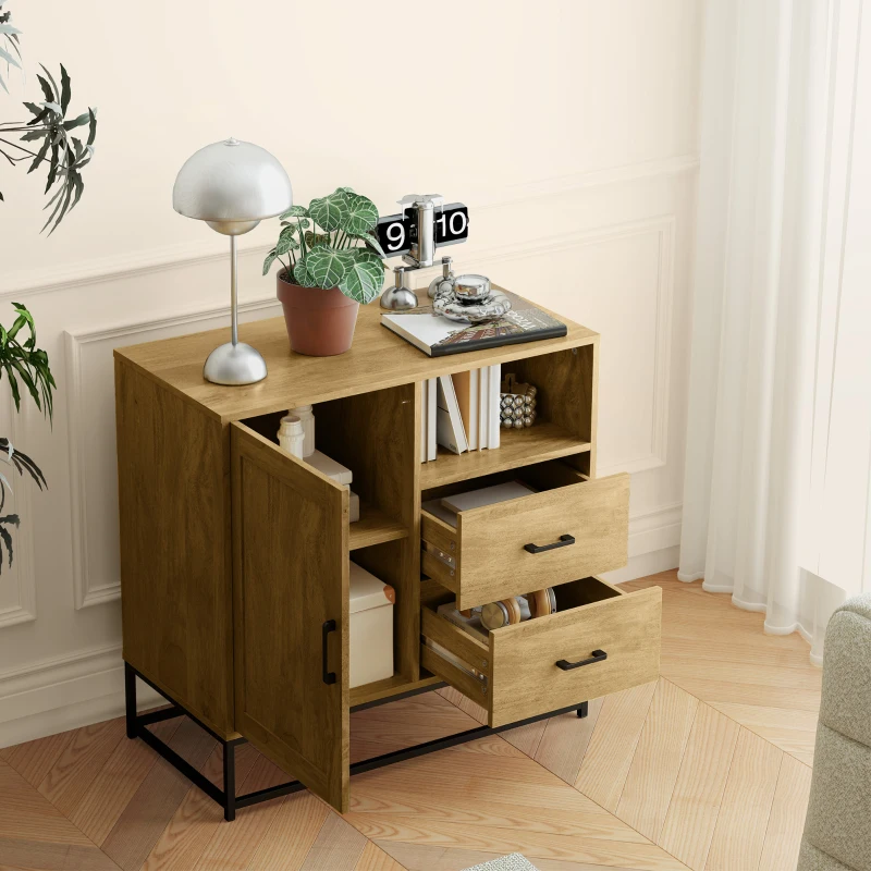 HOMCOM Credenza Moderna con 2 Cassetti, Armadietto Regolabile e Ripiano Aperto, in Legno e Acciaio, 80x40x78 cm, Marrone