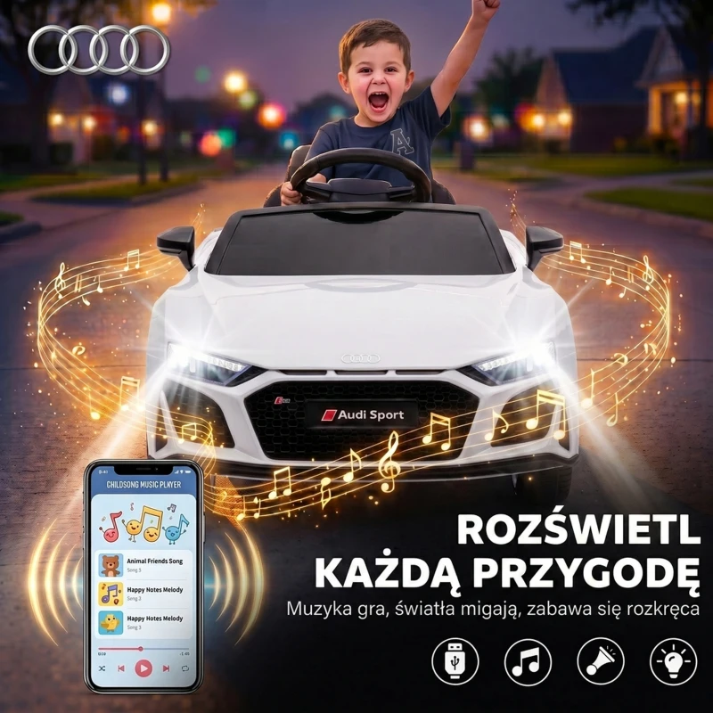 AIYAPLAY Elektryczny samochód dla dzieci 12V z pilotem, akumulatorem litowym, 2 silniki, miękki start, tylne zawieszenie Biały