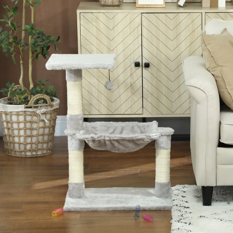 PawHut Árvore Arranhador para Gatos 50x36x70 cm Centro de Atividades com Rede, Plataforma e Postes em Sisal Cinzento-Claro