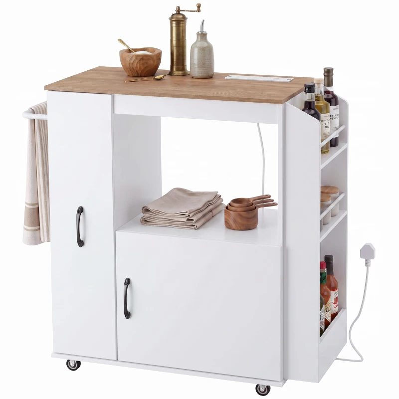 HOMCOM Kitchen Trolley on Wheels, Rolling Kitchen Island Cart with Power Outlet, Cabinet, Pull-Out Drawer, White