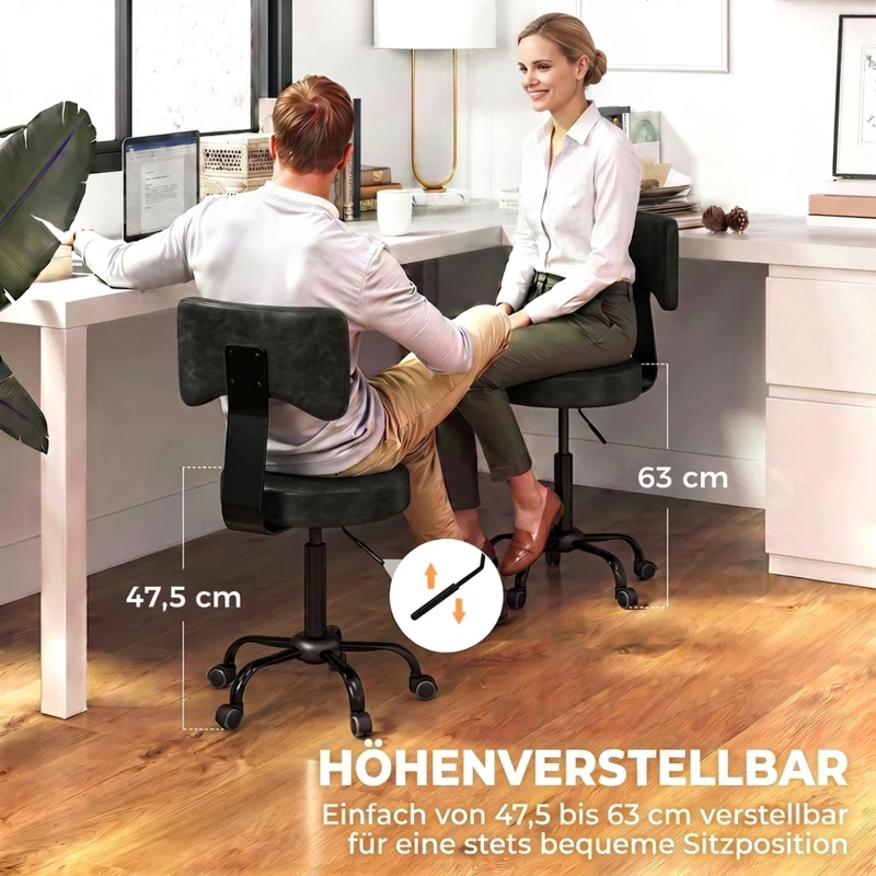 HOMCOM Rollhocker, höhenverstellbarer Salonstuhl aus PU-Leder mit Polstersitz, Rückenlehne und Rollen, Schwarz