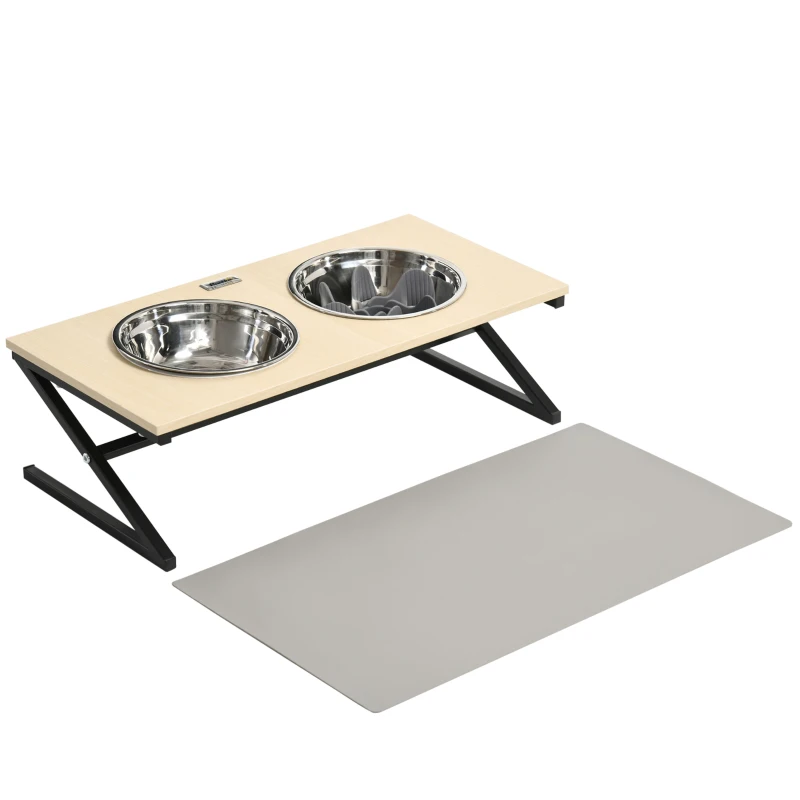 PawHut Comedero Elevado para Perros con 2 Cuencos de Acero Inoxidable Tapete y Alimentador Lento 60x30x18,5 cm Roble