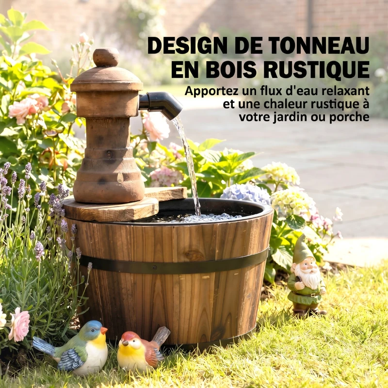 Outsunny Fontaine de Jardin tonneau Pompe à Eau Submersible Incluse Ø 27 x 37H cm Bois de pin Marron