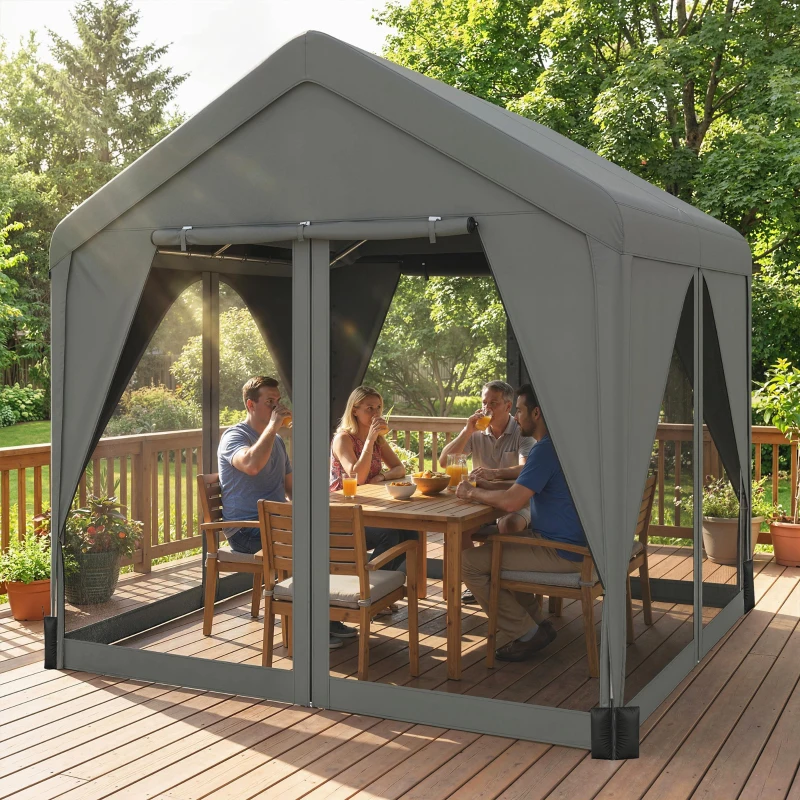 Outsunny 3 x 3 m Patio Gazebo with Netting & Curtains, Outdoor Canopy Shelter with Galvanised Steel Frame, Dark Grey
