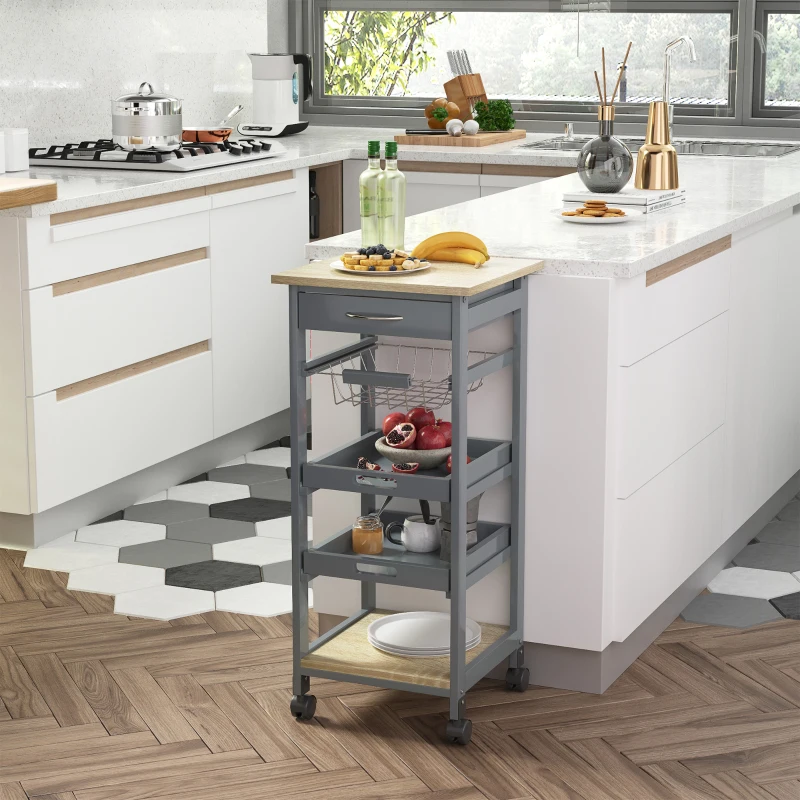 HOMCOM Chariot de service desserte de cuisine à roulettes panier + 2 plateaux amovibles, tiroir, étagère en bois chêne clair