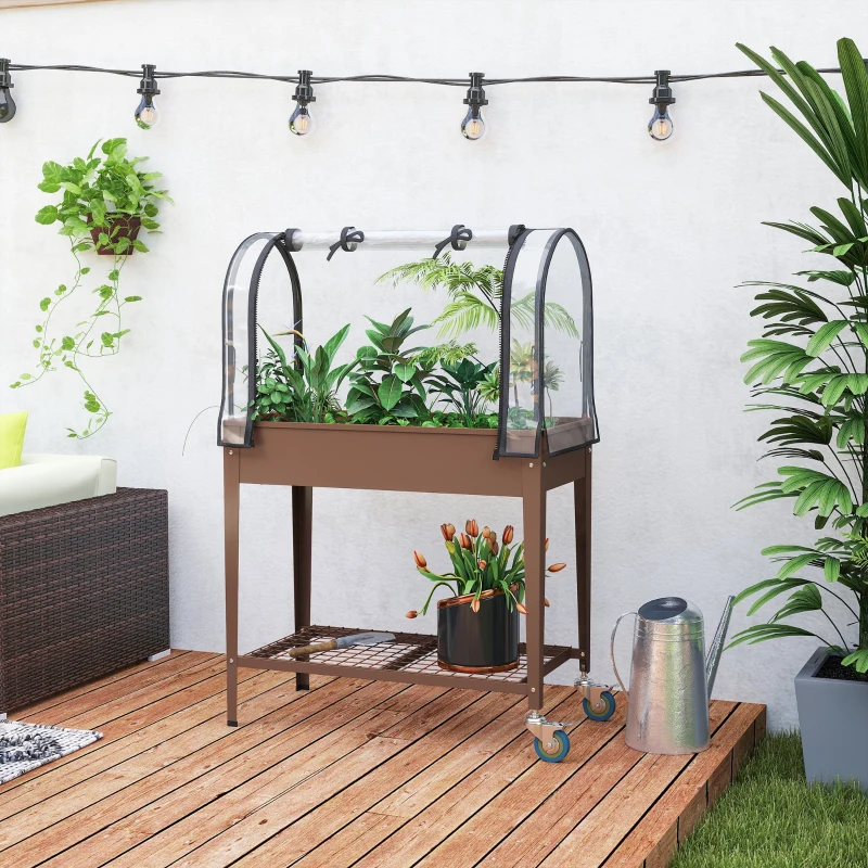 Outsunny Fioriera Rialzata con Mini Serra per Piante, Ruote e Ripiano, 80x40x120cm, Marrone