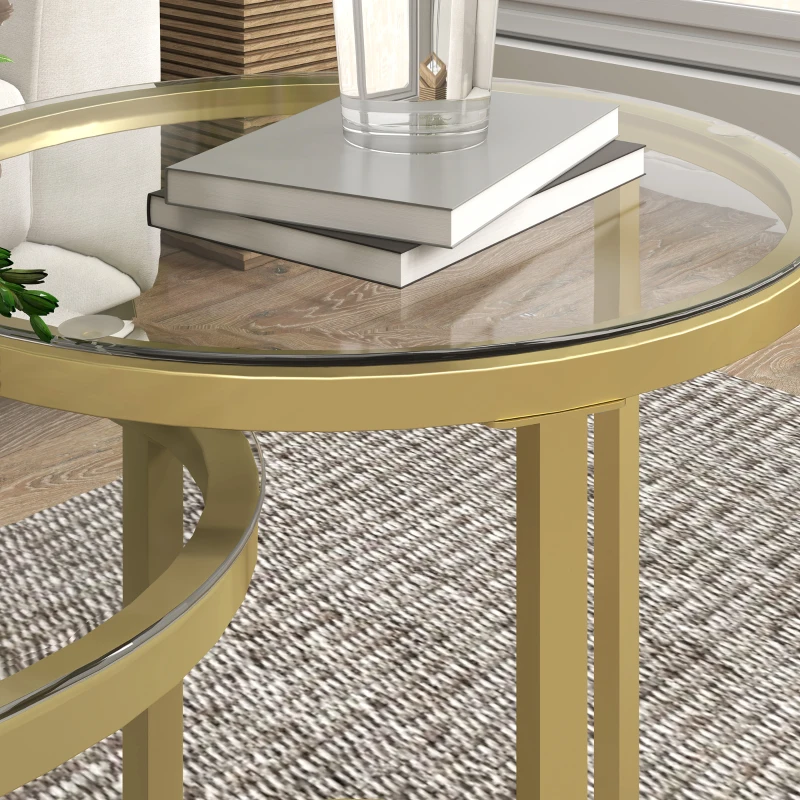 HOMCOM Nest of Tables with Steel Frame and Tempered Glass Tabletop, Modern Coffee Table Set of 2, Clear