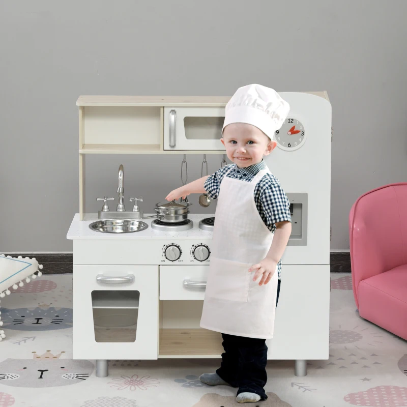 HOMCOM Cocina de Juguete de Madera con Fregadero Cocina de Inducción y Microondas Simulados con Accesorios Incluidos Cocina Infantil para +3 Años 74x30x81 cm Blanco