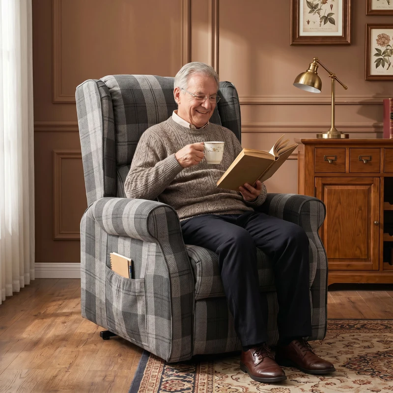 HOMCOM Power Lift Recliner Chair with Vibration Massage, Heat, Checked Lift Chair with Remote, Side Pockets, Grey