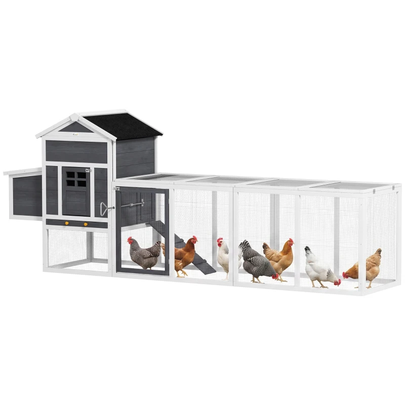 PawHut Poulailler en bois poulailler pour poules extérieur avec pondoir bac amovible en bois massif 297,5 x 68 x 118 cm blanc