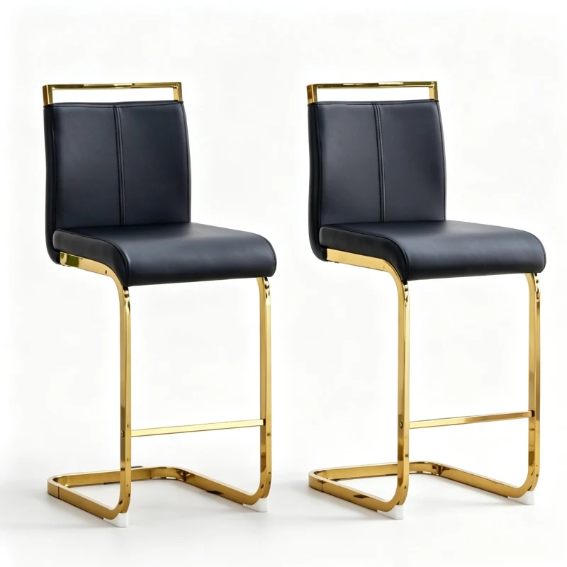 Lot de 2 tabourets de bar style nordique, design épuré et élégant avec piètement métal doré robuste, 39x46.5x96.5 cm, Noir+Doré