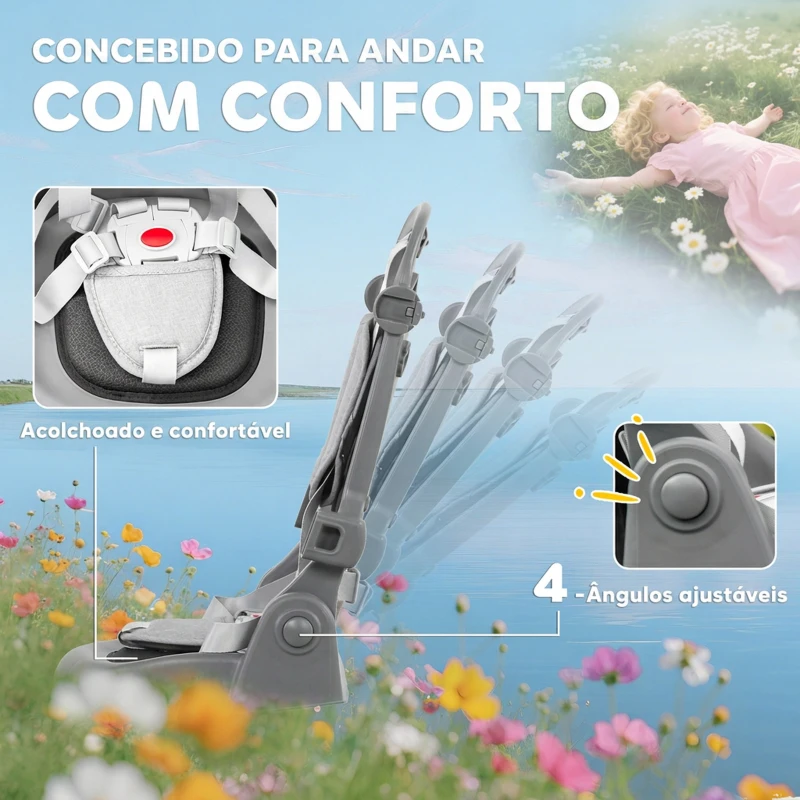 AIYAPLAY Triciclo Evolutivo 6 em 1 Dobrável Assento Giratório de 360° Guidão Parental Encosto Reclinável Toldo 111,5x52x98 cm Cinza