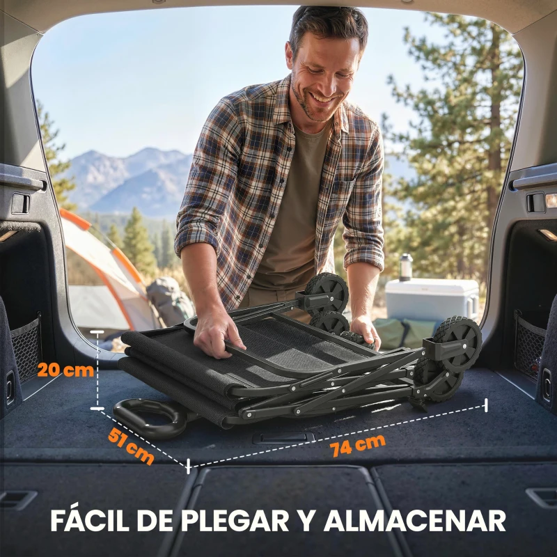 Outsunny Carro de Jardín Plegable con Ruedas Bloqueables Mango Ajustable Portavasos Carga 80 kg para Campaña 85x50x99 cm Negro