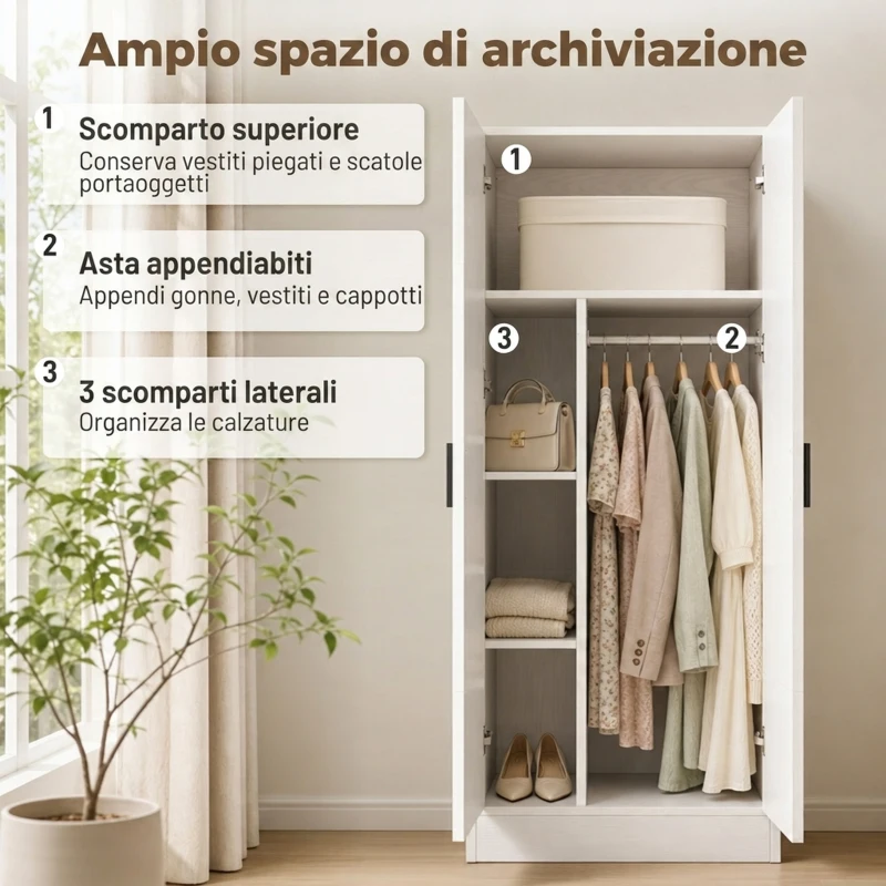 HOMCOM Armadio Slim con Barra Appendiabiti e Ripiani per Vestiti, 70x37x164 cm, Bianco