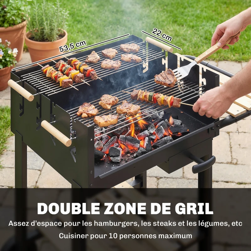 Outsunny Chariot à barbecue de bois avec 2 grilles réglables, barbecue au charbon de bois sur roulettes, tablette latérale, noir