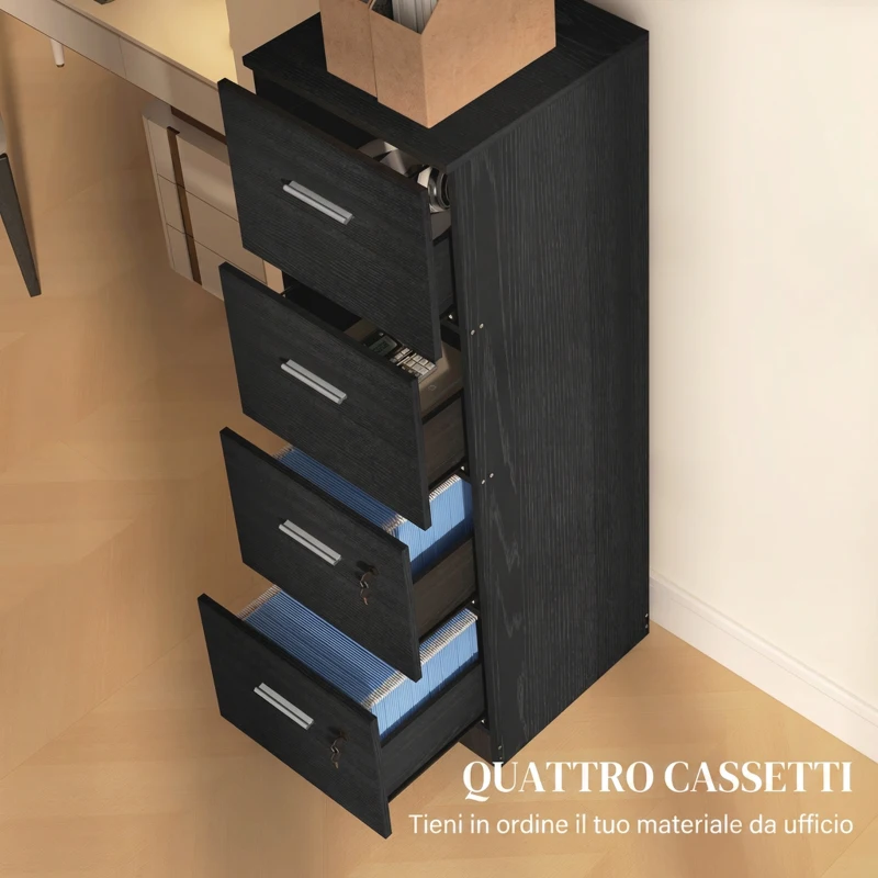 HOMCOM Armadio per Ufficio a 4 Cassetti con 2 Serrature e Barra Portadocumenti, in Legno, 40x42x130.8 cm, Nero